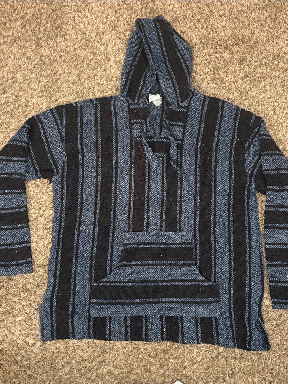 Vintage Baja Striped Pullover Hoodie Black & Blue XXL